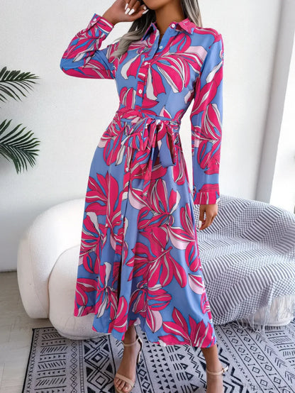 Spring Summer Contrast Floral Polo Collar Shirt Floral Dress