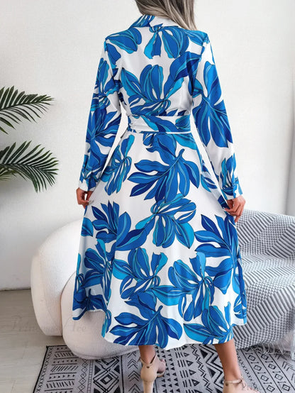Spring Summer Contrast Floral Polo Collar Shirt Floral Dress