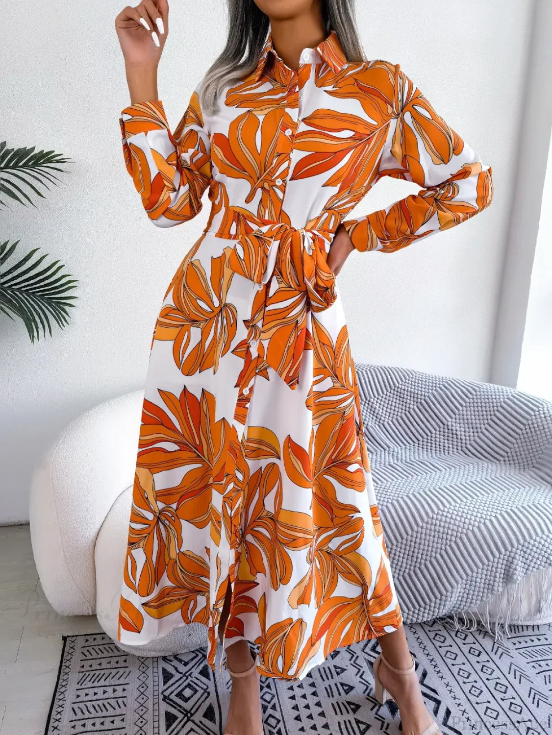 Spring Summer Contrast Floral Polo Collar Shirt Floral Dress