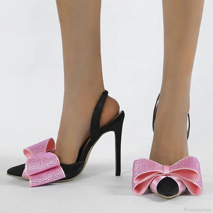 Spring Summer Slingback Sandals Crystal Bowknot Pointed-Toe High-Heels Wedding Prom Ladies High Heel