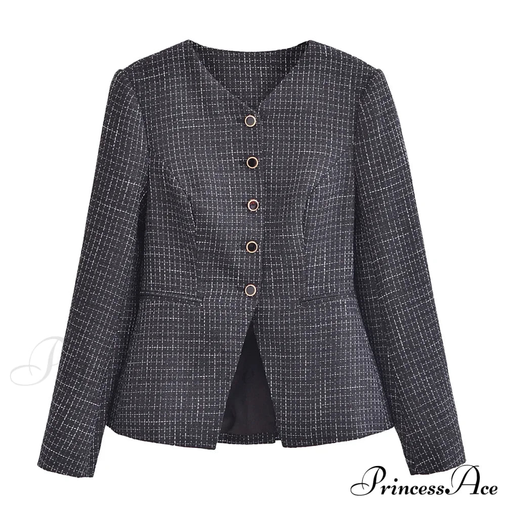 Spring V Collar White Plaid Woven Tweed Slim Waist Single-Breasted Button Slit Blazer