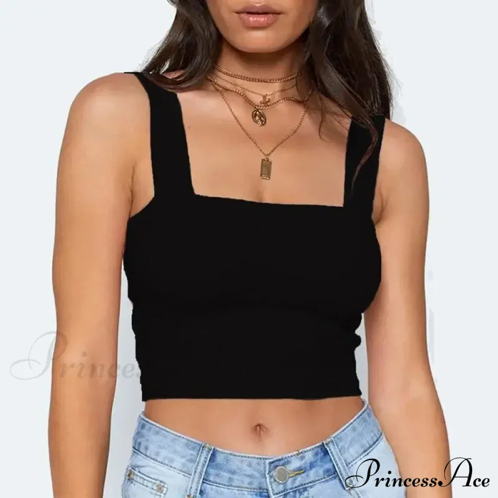 Square Neck Sleeveless Summer Crop Women Black Casual Basic T Shirt Off Shoulder Cami Sexy Backless Tank top