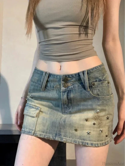 Star Rivet Pencil Denim Skirt
