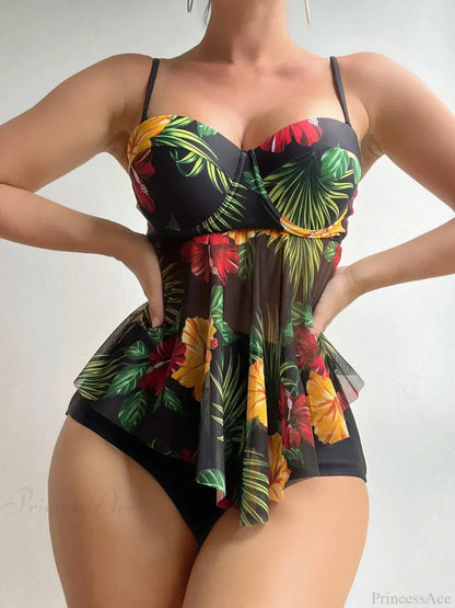 Strap Tankini Push Up Print Two Piece Set