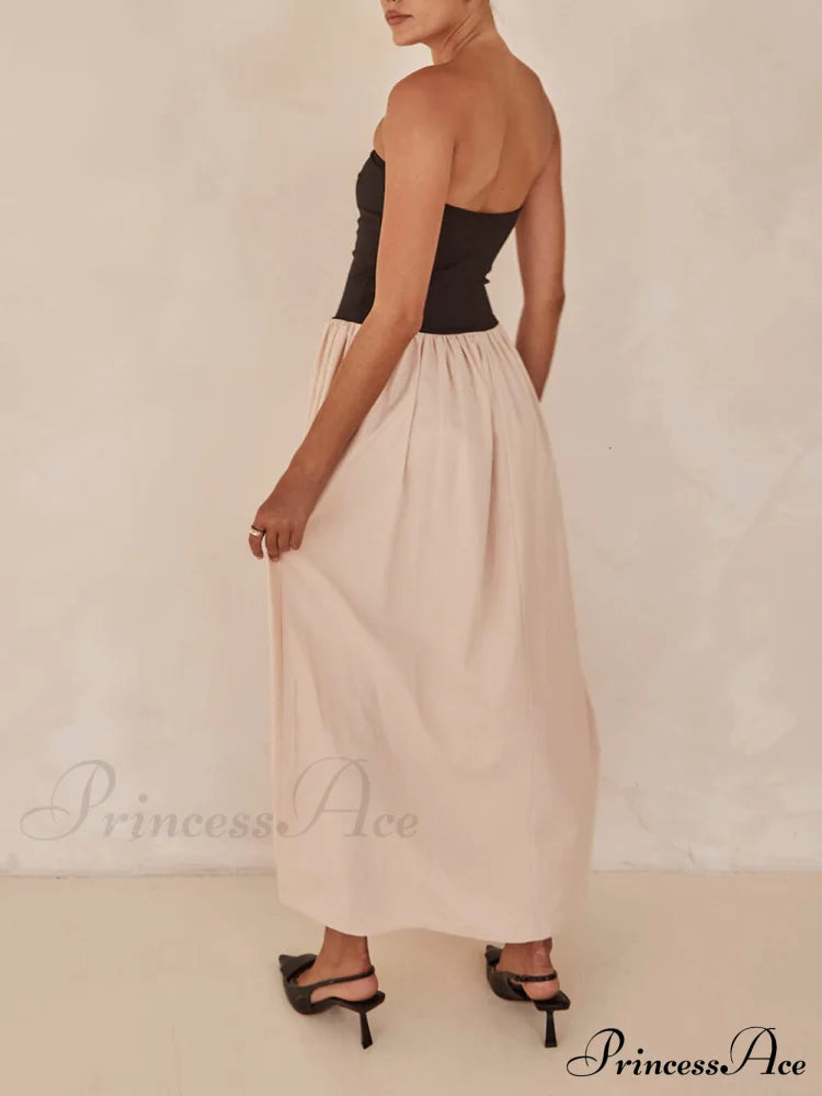 Strapless Black And Charming Sand Paneled Maxi Dress