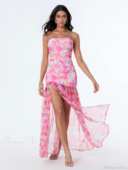Strapless High Slit Mesh Hem Floral Dress