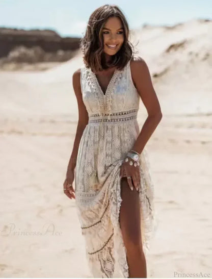 Strapless Lace Up Tassel Splicing Summer Maxi Boho Dress