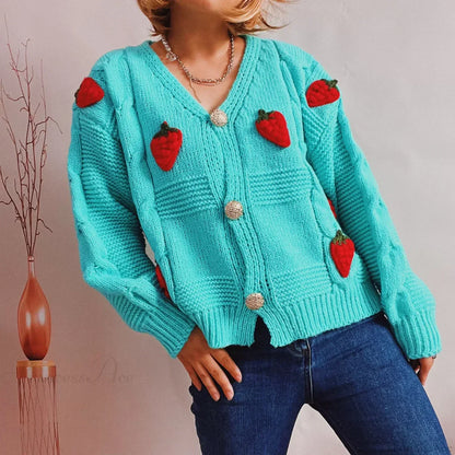 Strawberry Print Loose Fitting Knit Cardigan