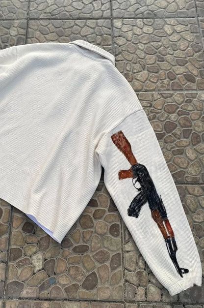 Street-Inspired Oversized Gun Graphic Letter Sweatshirt