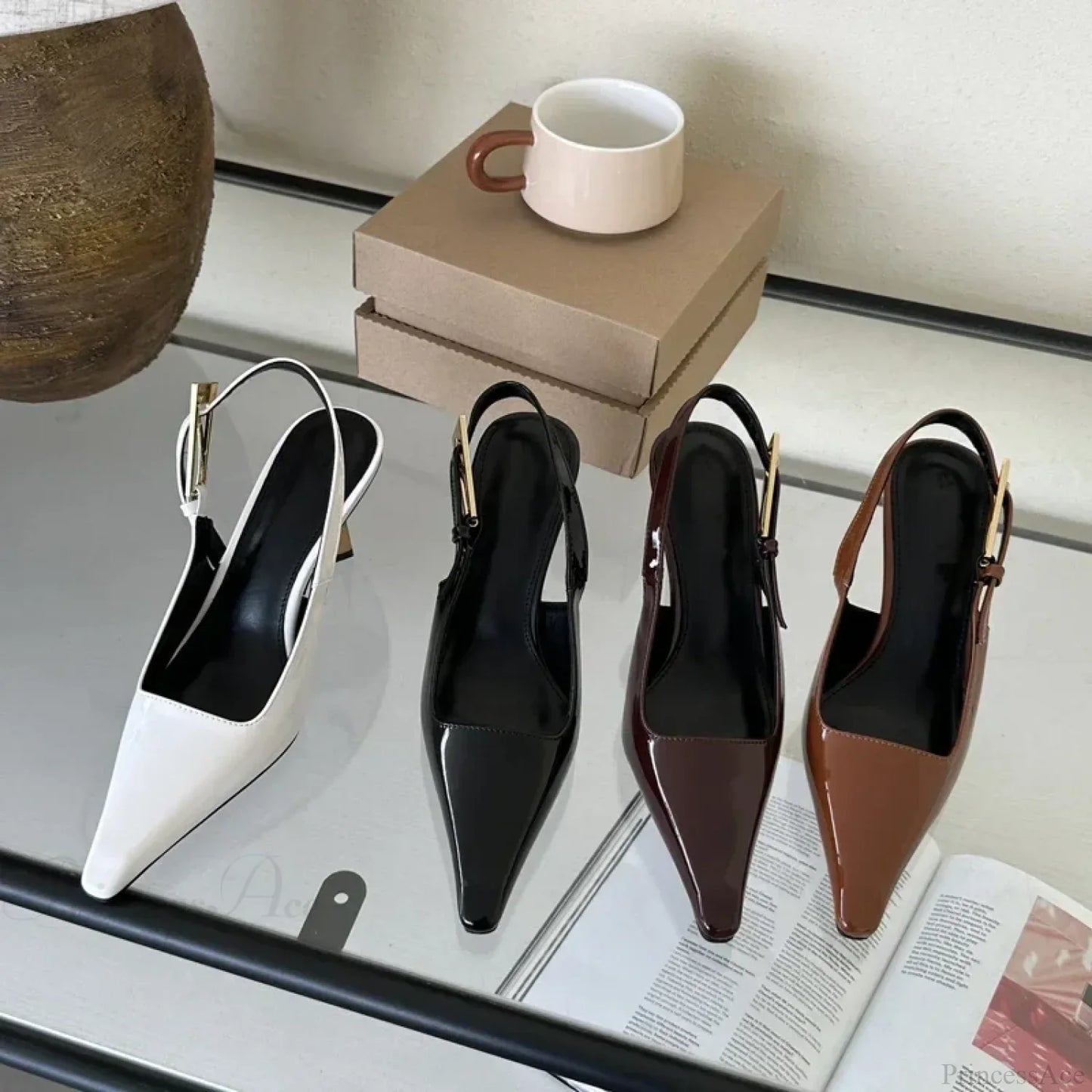 Street Style Sexy Pointed Metal Buckle Strap Slingback Square Toe Low Heel Pump