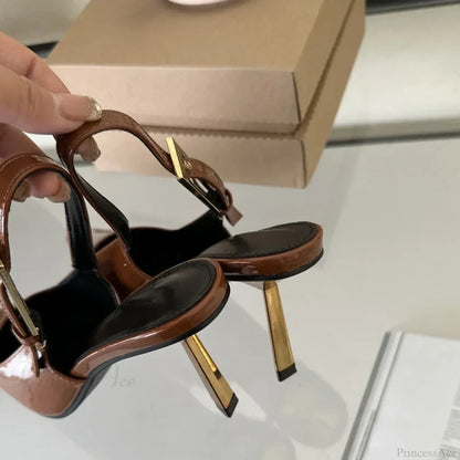 Street Style Sexy Pointed Metal Buckle Strap Slingback Square Toe Low Heel Pump