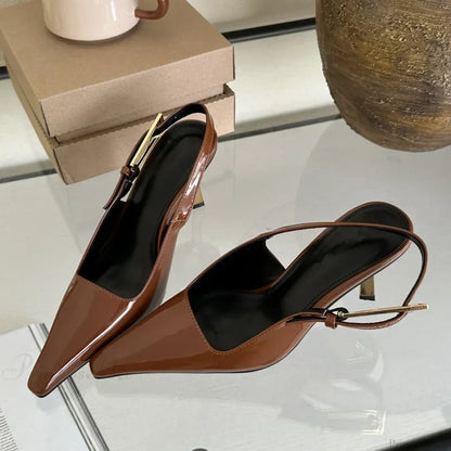 Street Style Sexy Pointed Metal Buckle Strap Slingback Square Toe Low Heel Pump