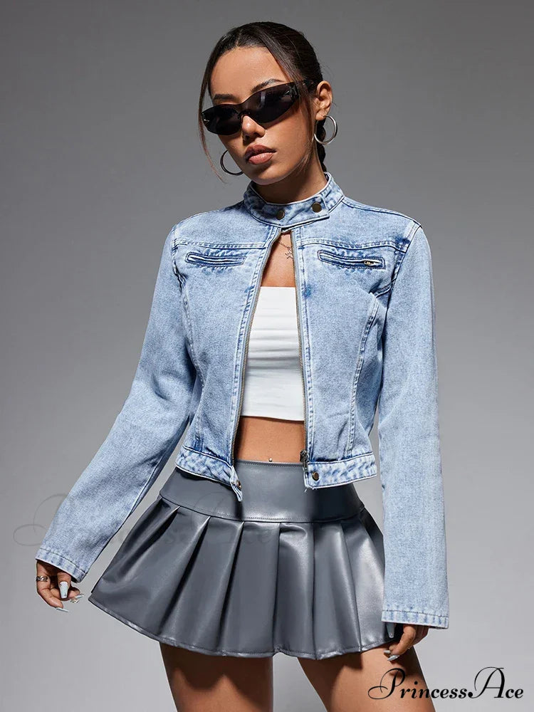 Streetwear Denim Cropped Gothic Button Ripped Bomber Long Sleeve Jacket