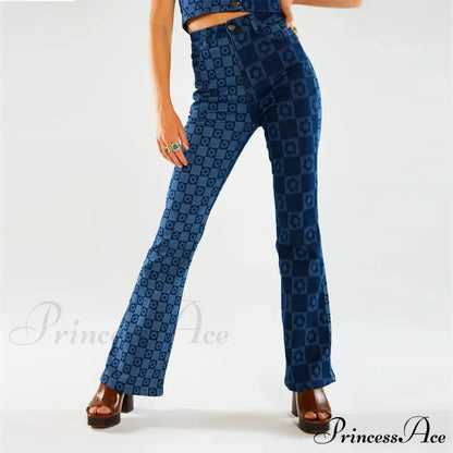 Stretch Fashion Print Women's High Waist Flare Women Long Summer Casual Streetwear Denim Pant Jean