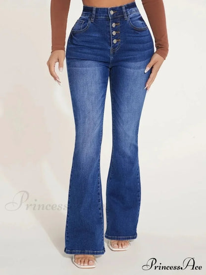 Stretch Slim Flare Button Fly High Waist Full Length Vintage Jean