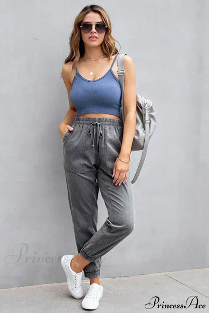 Stretch Women High Waist Wide Leg Casual Fashion Pocket Drawstring Women Clothing Mom Jean