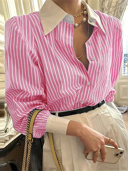 Stripe Patchwork Casual Long Sleeve Tunic Blouse