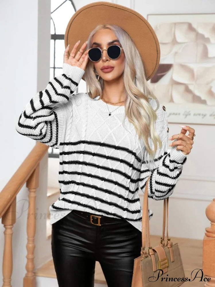 Striped Arm Casual Sweater Pullover Long for Button Women
