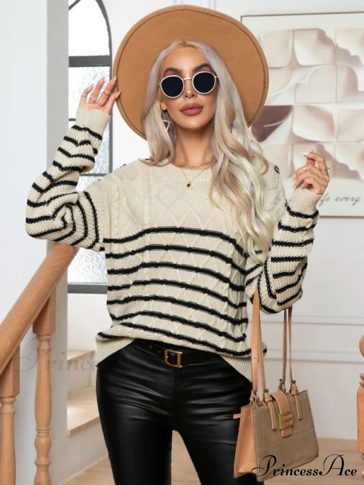 Striped Arm Casual Sweater Pullover Long for Button Women