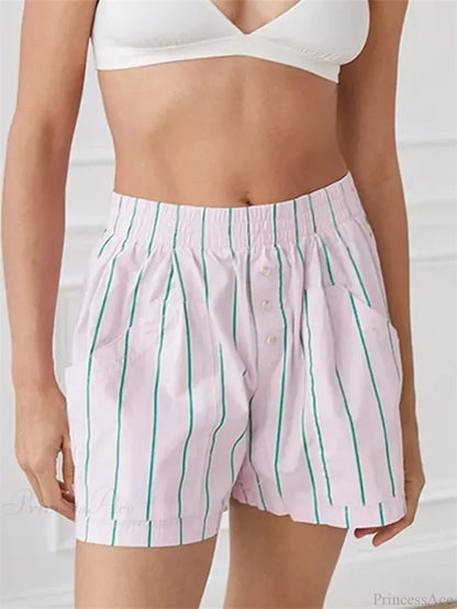 Striped Button High Waist Short