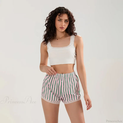 Striped Button Lace Trim Short