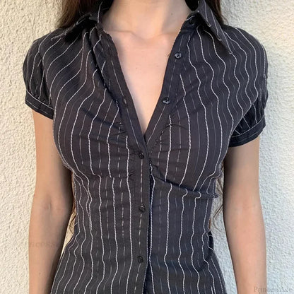 Striped Button-Up Collar Blouse
