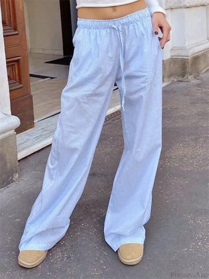 Striped Drawstring Loose Straight Summer Pant