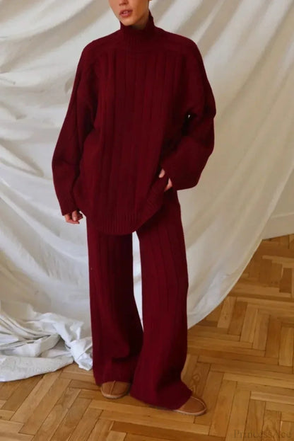 Striped Knit Elegant Sweater Wide-Leg Pants Two Piece Set