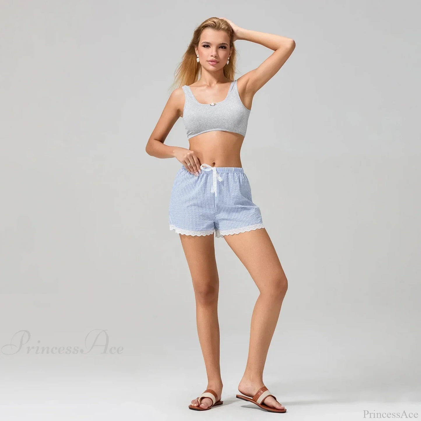 Striped Lace Trim Wide Leg Short