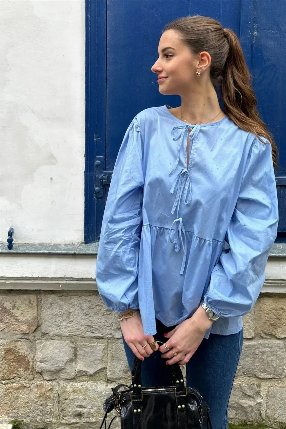 Striped Loose Fit Lace-Up Round Neck Blouse
