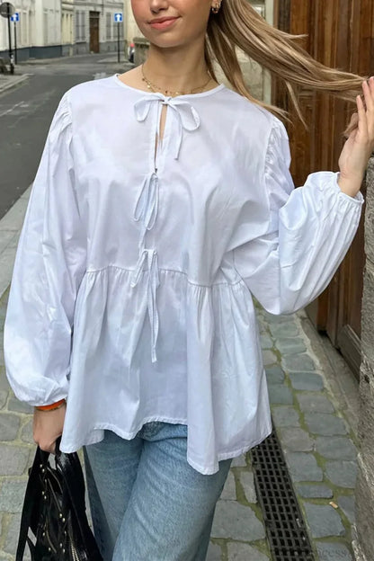 Striped Loose Fit Lace-Up Round Neck Blouse