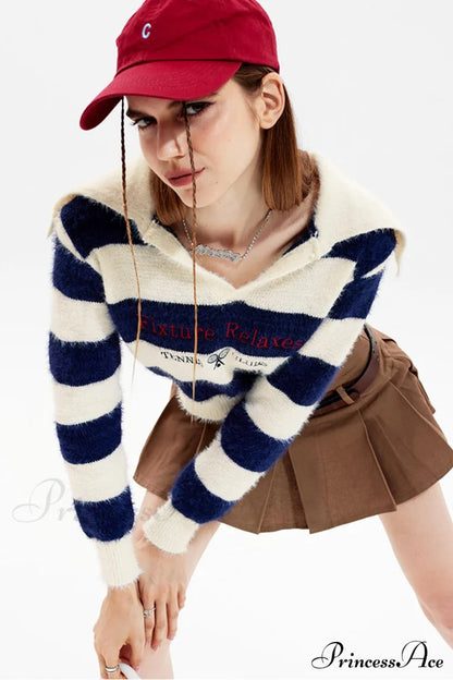Striped Patchwork Knitted Sweater with Lapel