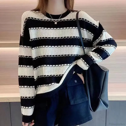 Striped Patchwork Round Neck Korean All - match Sweater