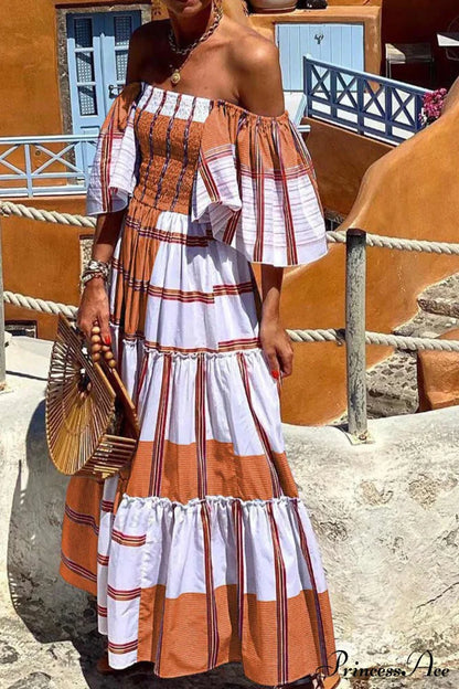 Striped Print Ruffle Sleeve Tiered Dress