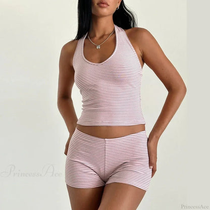 Stripes Print Sleeveless V Neck Halter Crop Low Waist Shorts Two Pieces Set