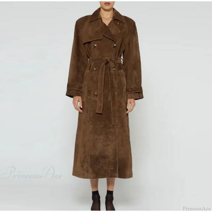 Suede Leather Chocolate Belted Overcoat