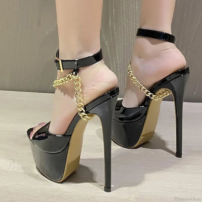 Summer 16CM Super-High Platform Sandals Open-Toe Chain Ankle-Strap Ladies Party Stripper High Heel
