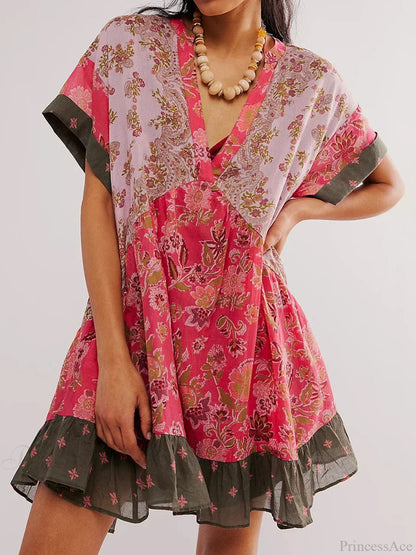 Summer Bohemian Babydoll Floral Print V-Neck Dress