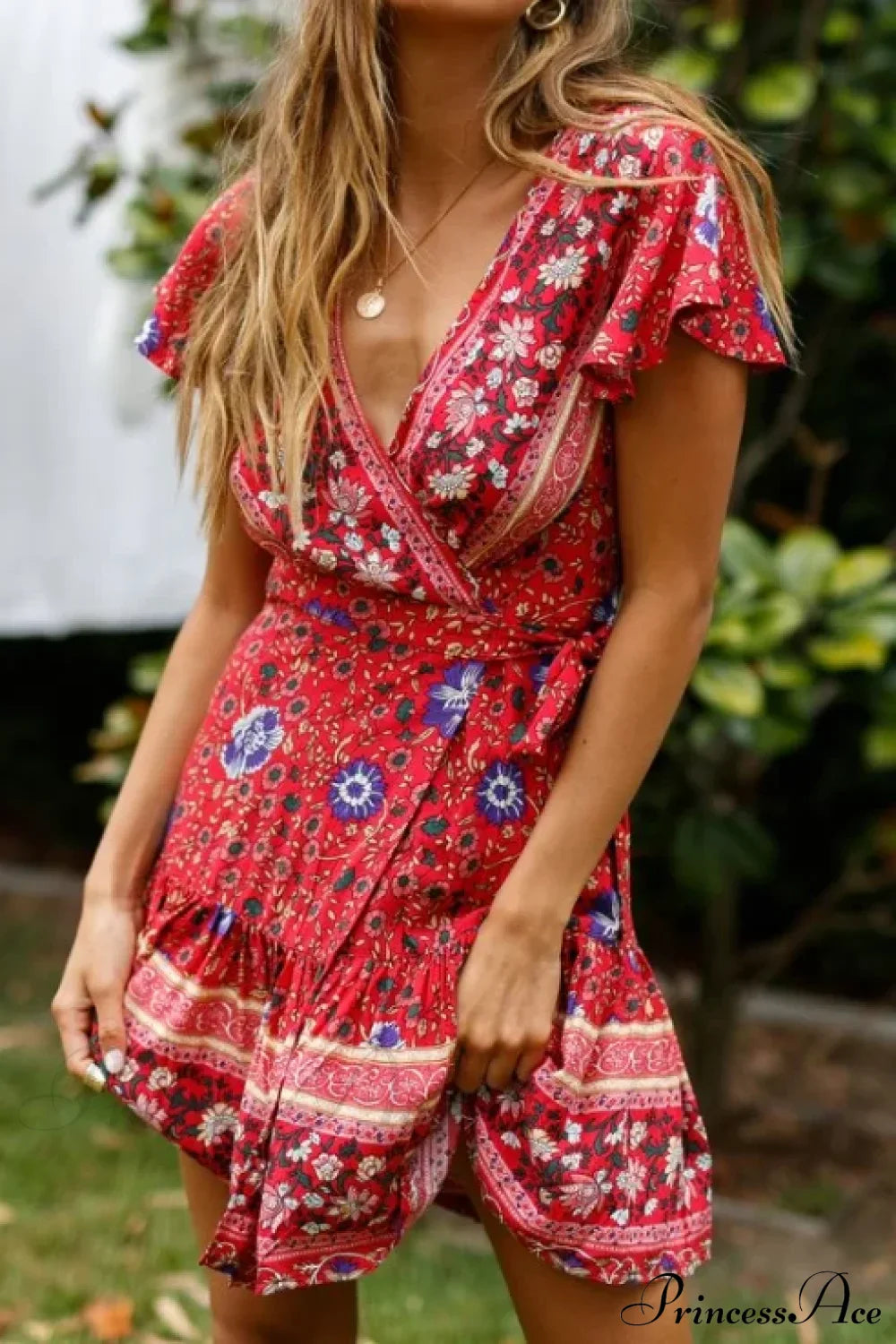Summer Boho Floral Print Mini Wrap Beach Boho Dress