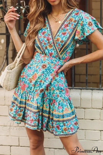 Summer Boho Floral Print Mini Wrap Beach Boho Dress