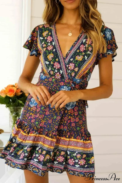 Summer Boho Floral Print Mini Wrap Beach Boho Dress