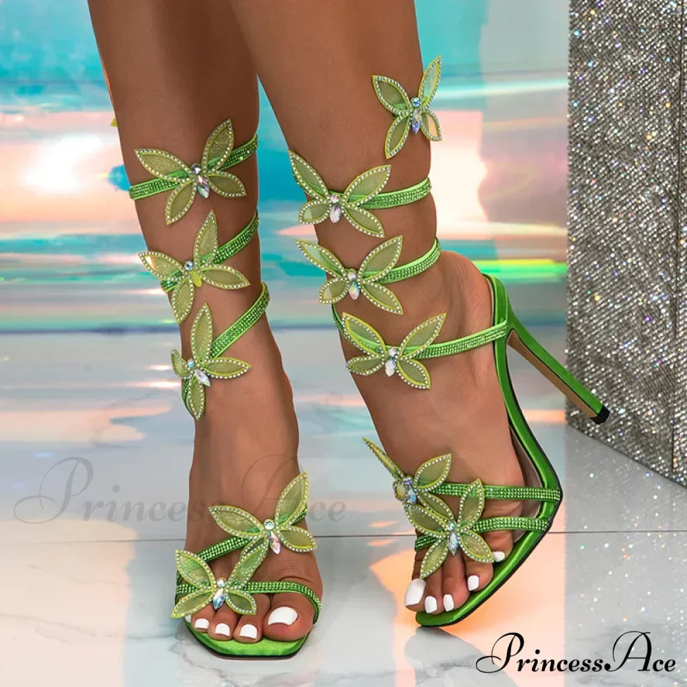 Summer Fashion Crystal Butterfly Ankle Strap Sandals - Green High Heels - Size 42