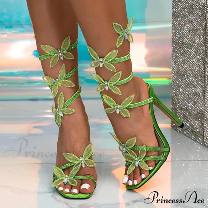 Summer Fashion Crystal Butterfly Ankle Strap Sandals - Green High Heels - Size 42