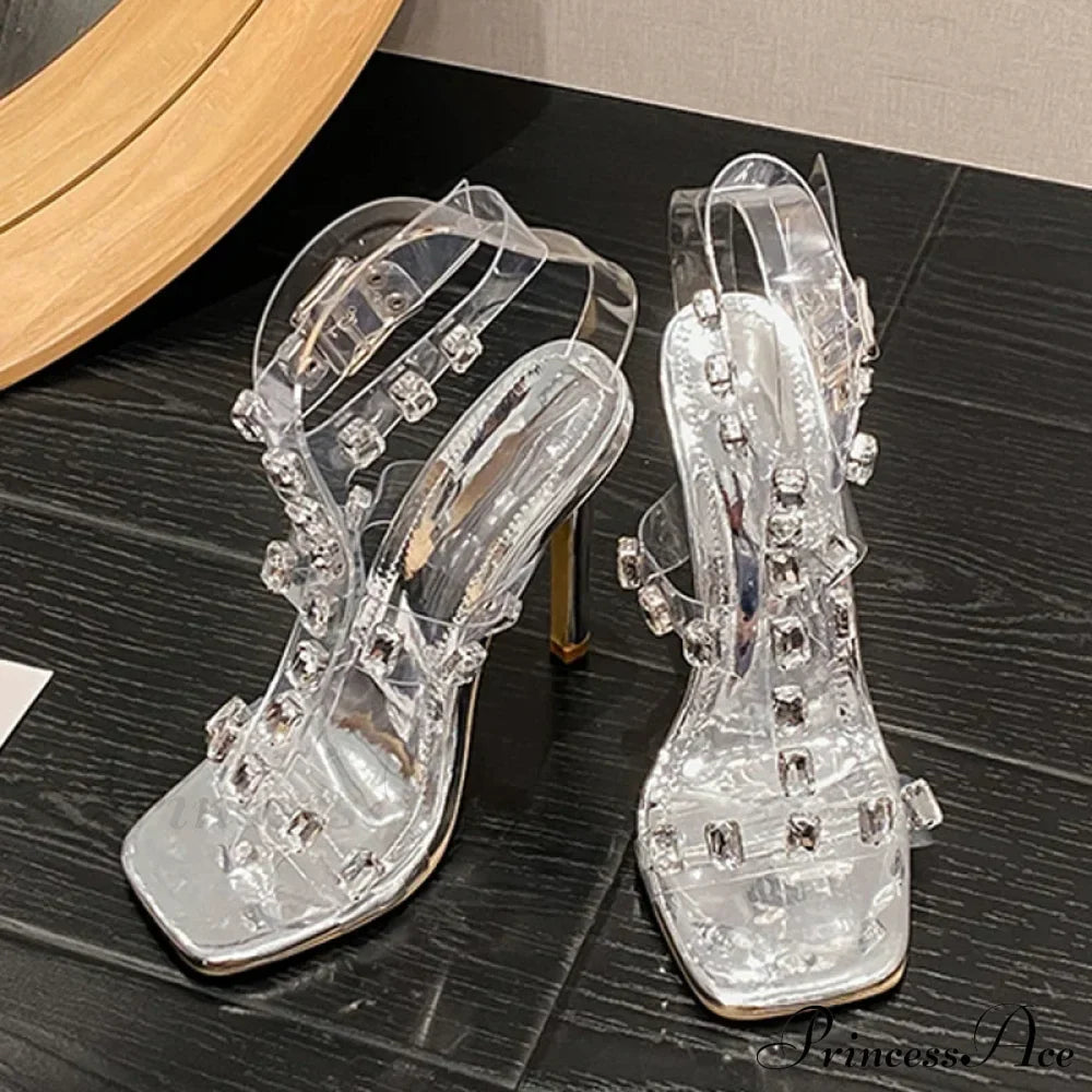 Summer Fashion Crystal Diamond Rivet PVC Transparent Sandals Women Square Toe Stripper Heels Gold Wedding Prom Shoes
