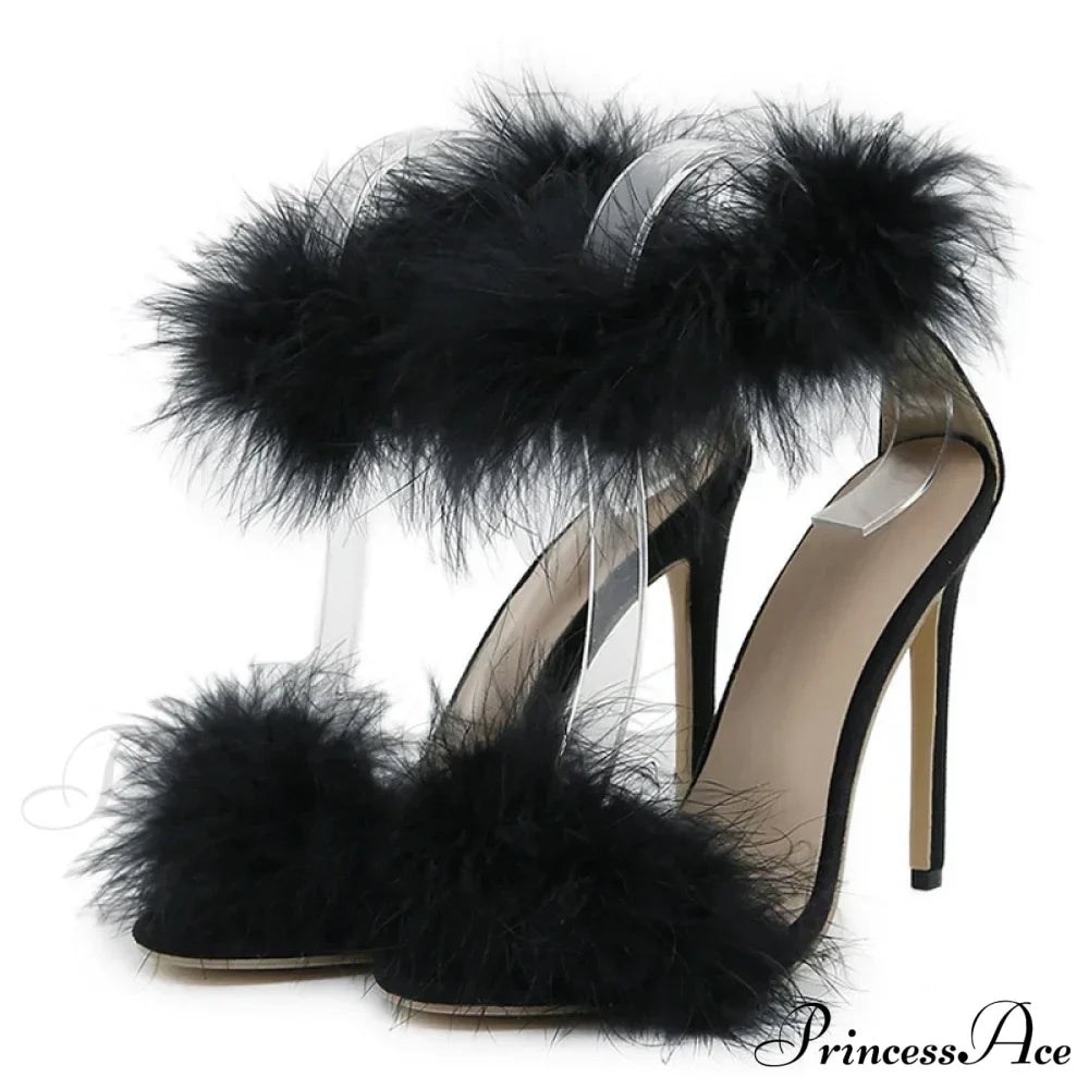 Summer Fashion Faux Fur Ankle Strap Sandals - Women's Open Toe Fluffy Feather High Heels - Party Dress Shoes Sandalias De Mujer