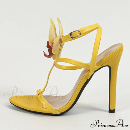 Summer Fashion Flowers Ankle Strap Gladiator Sandals Women Open Toe Yellow High Heels Party Dress Shoes Size 36-43