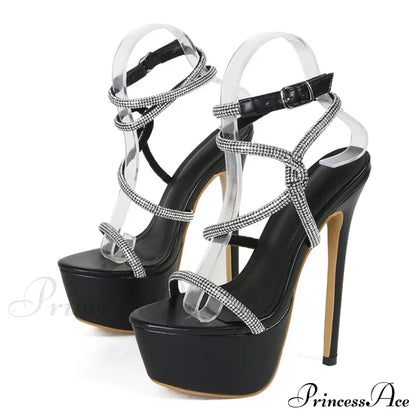 Summer Fashion Rhinestone Narrow Band Women Stiletto Sandals Open Toe Platform High Heels Party Stripper Shoes