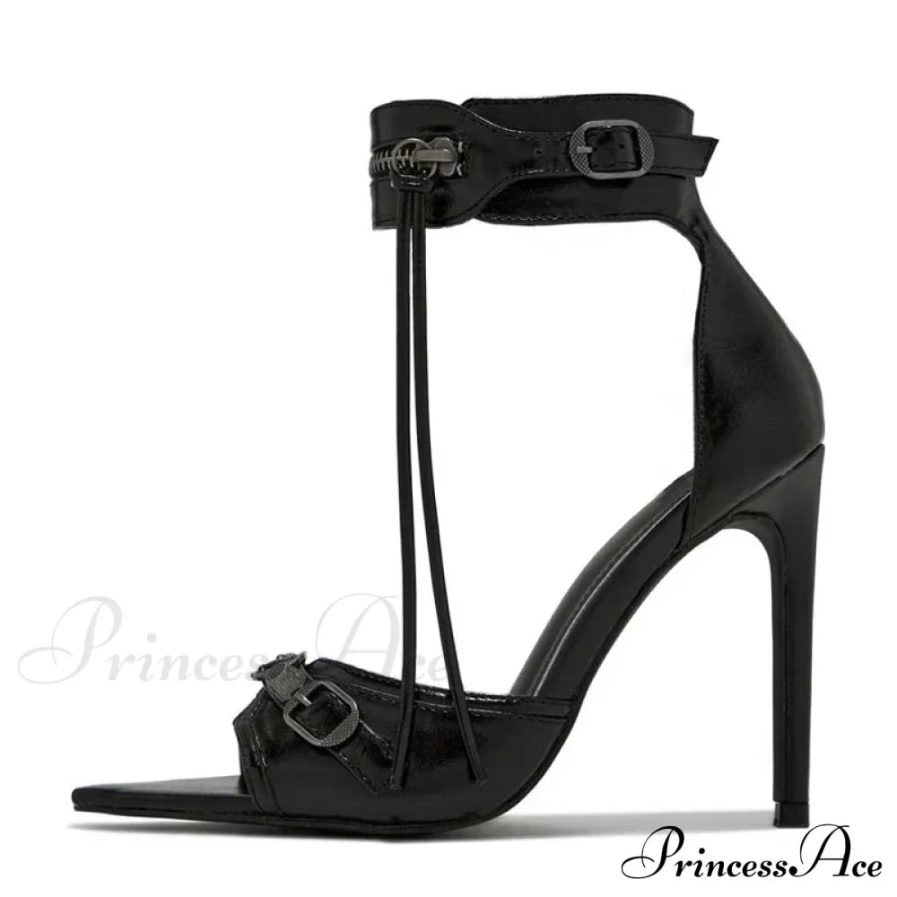 Summer Fashion Zip Tassel Women Sandals Metal Rivet Buckle Pointed Open Toe Stripper Heels Wedding Banquet Shoes Stiletto