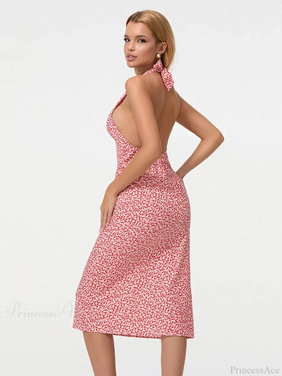 Summer Floral Backless Tie-Up Halter Neck Midi Party Floral Dress