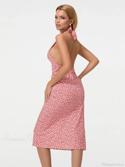 Summer Floral Backless Tie-Up Halter Neck Midi Party Floral Dress